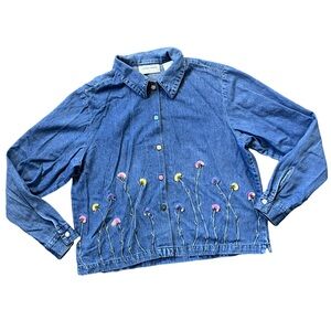 Lemon Grass Chambray Button Down Floral Embroidered Blouse Women’s Size PM